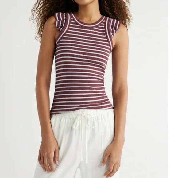 FREE ASSEMBLY Women’s Brown Blue Ribbed Tank Top Ruffle Sleeves Size XL - Picture 1 of 8